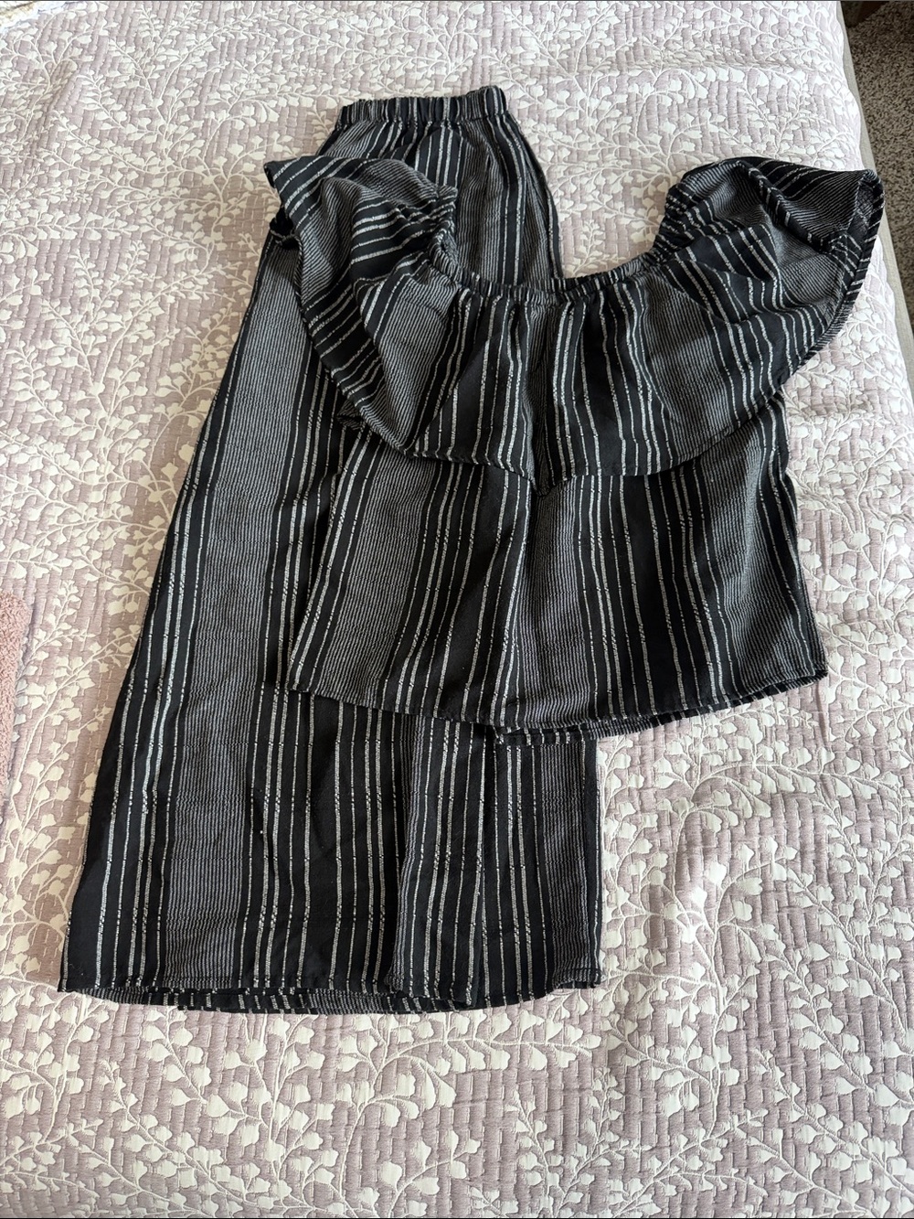 Black and White Striped Ruffle Maxi Skirt
